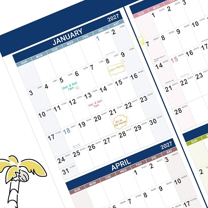 2027 Yearly Wall Calendar - Calendar 2027,Jan 2027 - Dec 2027, Yearly Planner, 34.3" x 22.8"(Open), Large Wall Calendar 27 with Premium Paper, Double-Sided Small Round Sticks, Azure