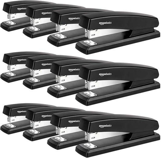 Amazon Basics Office Desk Stapler, 25-Sheet Capacity, Non-Slip with 1000 Staples, Black, 12-Pack