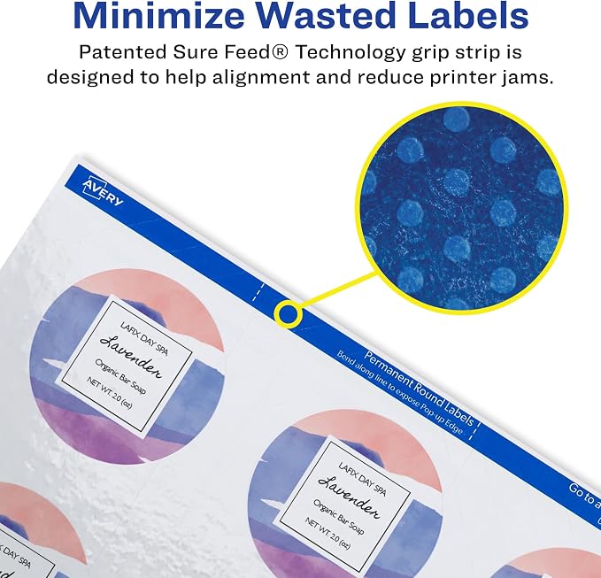 Avery Durable Waterproof Round Labels, Sure Feed Technology, 2.5" Diameter, White, Laser & Pigment-Inkjet Compatible, 72 Blank Labels Total, Great for Branding, Packaging, and More (22856)