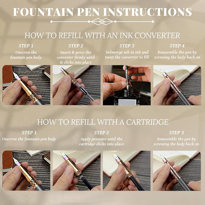 YUNCHUN Refillable Fountain Pen Medium Nib, Fancy Ink Pen with 10 Black & 10 Blue Ink Refills Cartridges, Cool Ink Pens for Writing, Business Metal, Best Gift Set for Men & Women, Blcak