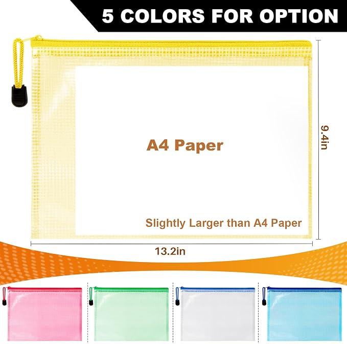 MAQIHAN Mesh Zipper Pouch Bags - A4 Clear Zipper Pouches, 13.2 x 9.4 Inch | Zipper Pouches for Organizing, Waterproof Letter Size File Bag for Puzzles, Board Games, Office Supplies, 5 Pack