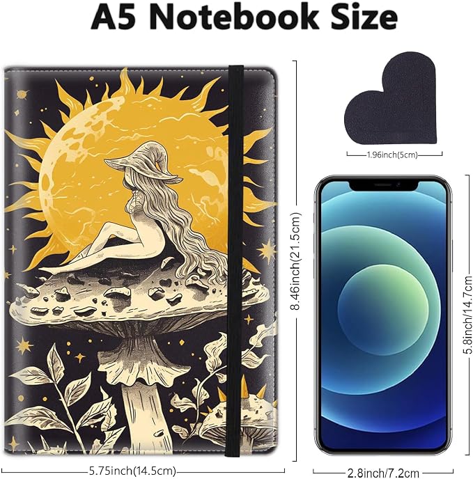 A5 Leather Lined Journal Notebook, 200 Pages Hardcover Executive Notebook for Men Women Office School Note Taking, Thick Writing Paper Daily Journal with Bookmarks/Indexes, Mushroom Girl
