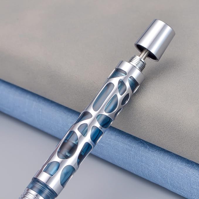 Asvine V169 Vacuum Filling Fountain Pen Medium Nib, Water Drop Skeleton Transparent Gray Blue Acrylic Pen Case Set