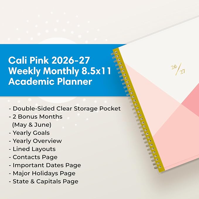 Blue Sky 2026-2027 Weekly & Monthly Academic Planner, 8.5"x11", Cali Pink | July 2026 - June 2027, Flexible Pocket Cover, Wirebound, Storage Pocket, Academic Year