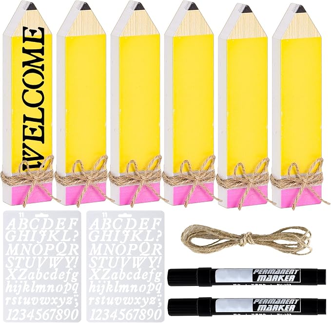 Whaline 11Pcs Pencil Name Plates Set Back to School Blank Wooden Desk Sign with Marker Pen and English Letter Template Pencil Personalized Name Sign for School Classroom Desk Decor