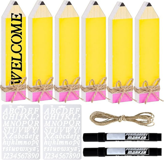 Whaline 11Pcs Pencil Name Plates Set Back to School Blank Wooden Desk Sign with Marker Pen and English Letter Template Pencil Personalized Name Sign for School Classroom Desk Decor