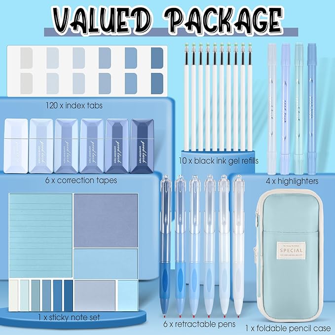 38 Pcs Aesthetic Office Supplies with Pen Case Sticky Notes Gel Pens Highlighters Correction Tapes Stationery Kit for Office Work Coworkers(Light Blue Color,Classic)
