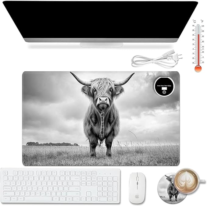 Heated Desk Pad Mouse Pad,Heated Desk Mat,with 3 Heating Levels & 3 Hours Auto Shut-Off,Leather 23.6"*14.2" Gaming Mouse Laptop Mat,Foot Warmer,Cute Highland Cow Black