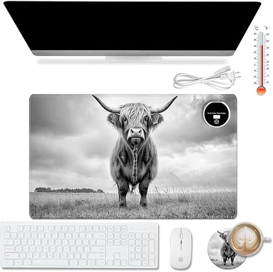 Heated Desk Pad Mouse Pad,Heated Desk Mat,with 3 Heating Levels & 3 Hours Auto Shut-Off,Leather 23.6"*14.2" Gaming Mouse Laptop Mat,Foot Warmer,Cute Highland Cow Black