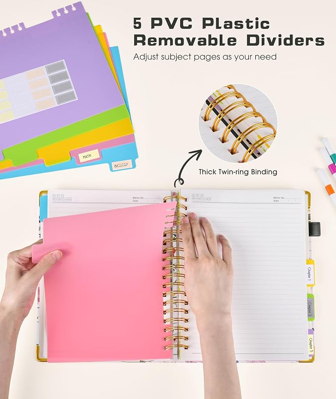 Hardcover Spiral Notebook 8.5"x11" Journal with Removable Dividers Tabs, 300 Pages 5 Subject Notebook College Ruled, Large A4 Notebooks for Work School, Journal for Women, A4 Flower White