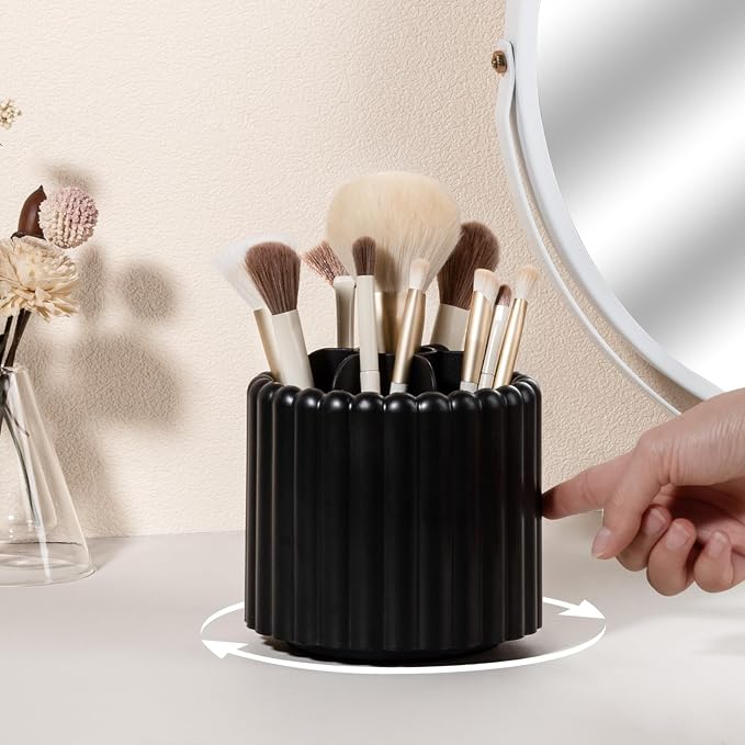 Rotating Makeup Brush Holder Organizer with Removable Dividers, Black | 7 Slots Make Up Brush Organizer 360 Spinning Cosmetic Storage Pen Holder for Desk, Vanity, Dresser