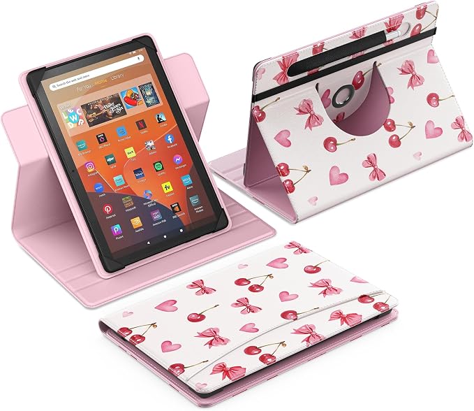 MoKo for Universal 11 inch Android Tablet Case with Pen Holder, Cherry Bow | Fits All 9.6-11 inch Tablets, Slim 360 Degree Rotating Cover, Multi-Angle Stand, Front Pocket, No fit iPad/NO back opening