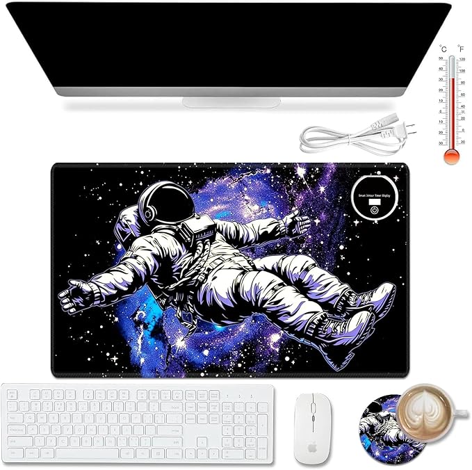 Heated Desk Pad Mouse Pad,Heated Desk Mat,with 3 Heating Levels & 3 Hours Auto Shut-Off,Leather 23.6"*14.2" Gaming Mouse Laptop Mat,Foot Warmer,Astronauts Space Purple