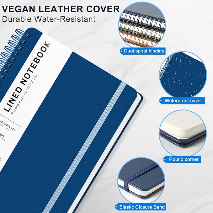 ABERLLS Lined Spiral Journal Notebook with 160 Pages, 8×5.7in, A5 Spiral Notebook, Journaling Notebooks for Work, School, Women, Men, College Ruled Spiral Notebook, Hardcover Leather Journals, Blue