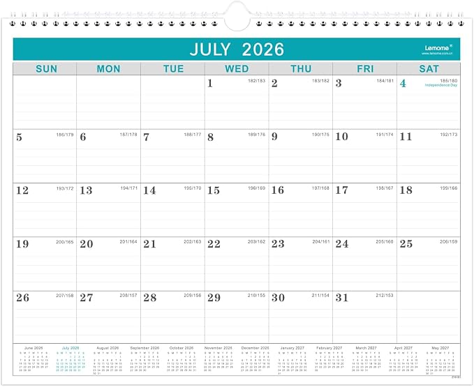 Lemome Calendar 2026-2027 Office Home Planning & Organizing, July 2026 to December 2027, Thick Paper, Julian Date, Large Monthly Wall Hanging Spiral Planner for Family and Work - Green 11.5" x 14.6"