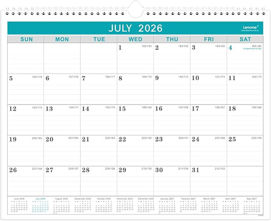 Lemome Calendar 2026-2027 Office Home Planning & Organizing, July 2026 to December 2027, Thick Paper, Julian Date, Large Monthly Wall Hanging Spiral Planner for Family and Work - Green 11.5" x 14.6"