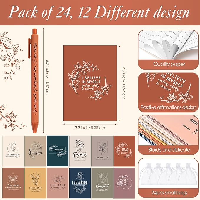 Mooliwe 48 Pcs Positive Affirmation Gift Set Gratitude Notebooks with Pens Small Bags Motivational Encouragement Notepads Daily Affirmations Journal for Women Stress Relief Self Care (Simple)