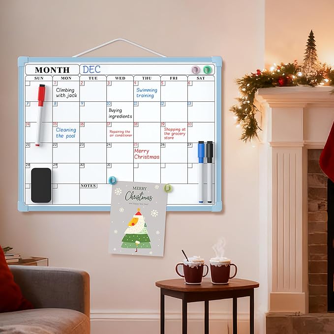 MaxGear Monthly Calendar Dry Erase Board for Wall, 16"x12", Blue Frame | Double-Sided, Hanging Small White Board, Portable Whiteboard for Planning, Drawing, Memo, to Do List, Home, Kitchen, Office