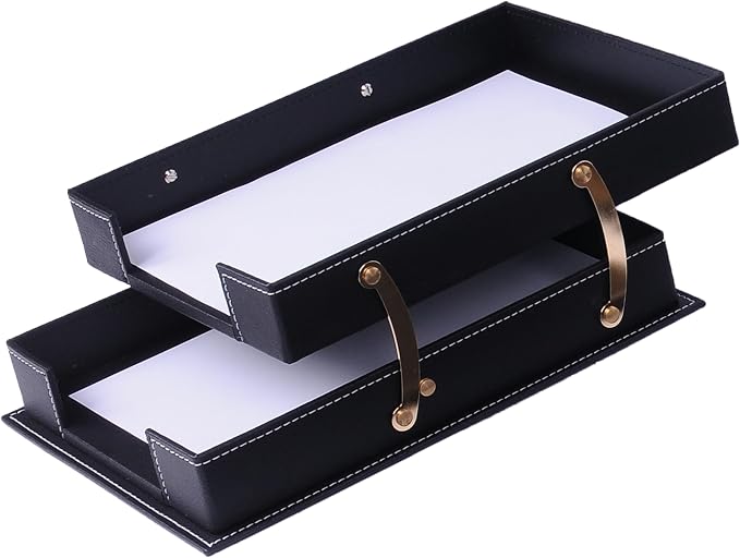 14-Piece Leather Desk Organizer Set, 49x34 cm Desk Pad, Double Document Tray, Pen Holder, Business Card Holder, Phone Stand, Black with Gold Accents