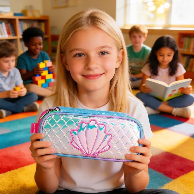 RHCPFOVR Kids Pencil Case for Girls-Soft Zipper Large Capacity Pencil Pouch for Girls Pencil Case for School Pencil Bag for Toddler (Blue Mermaid Scale)