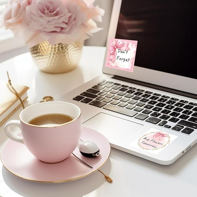 9 Pads Pink Bow Sticky Notes Set, Cute Self-Stick Notepads, Super Adhesive Memo Pads Note Card, Office Decor Gifts, Desk Accessories for Students, School Supplies for Girls, 3x3in