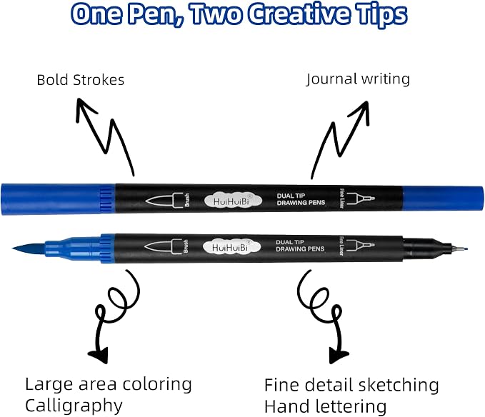 10 Pack Blue Markers for Coloring,1-6mm Dual Brush Pens with 0.4mm Fine Tip Markers,Blue Drawing Pens for Art Drawing Sketching Calligraphy