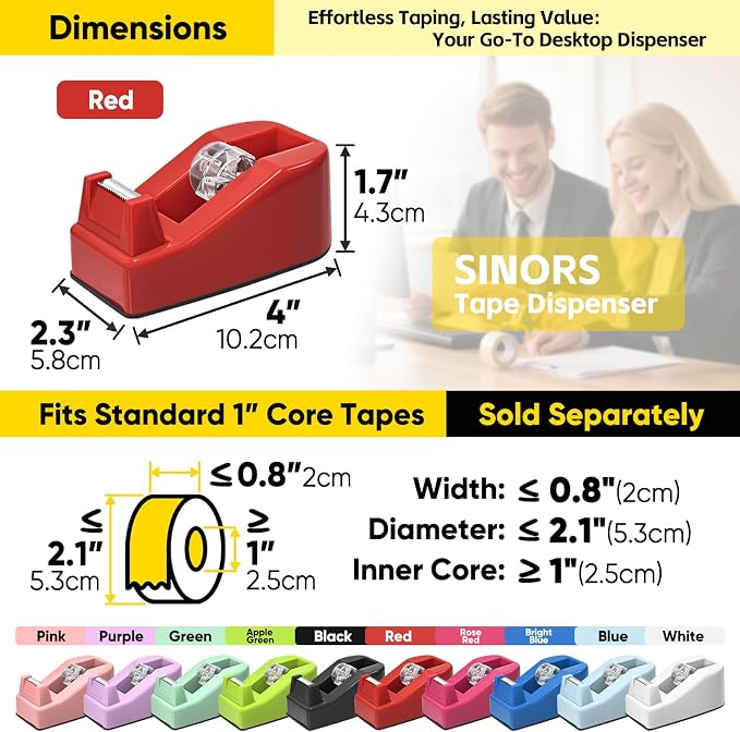 Desktop Office Tape Dispenser, Fits Standard 1-Inch Core Tapes, Weighted Non-Slip Base, Sharp Metal Blade, Smooth Cutting, Adhesive Roll Holder for Office, School, Shop, Home & Business - Red