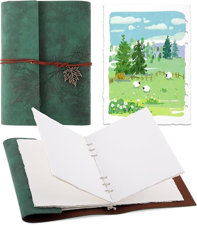 Watercolor Journal, 24 Sheets Cold Press Paper, 5.5 x 8.1 in, Green | Deckle Edge Paper, Leather Cover, Ring Binder, Mixed Media Sketchbook for Artists, Students, Travel, Class, and Home Use