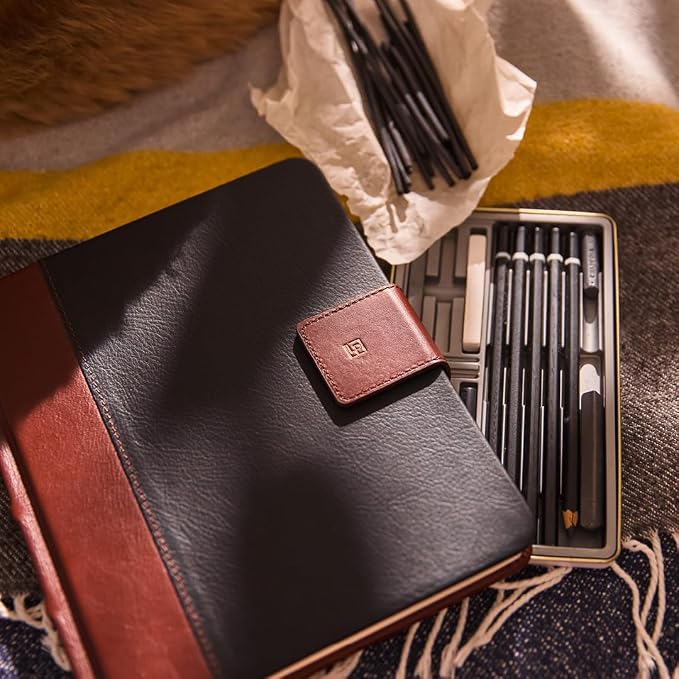Leatherpress Luxury Leather Sketchbook, Hardcover Drawing Notebook | Pen Loop/Magnetic Closure, Acid Free 150gsm Thick Paper, Full-Grain Leather Artisan Collection (9.3” x 7.8” x .9”)