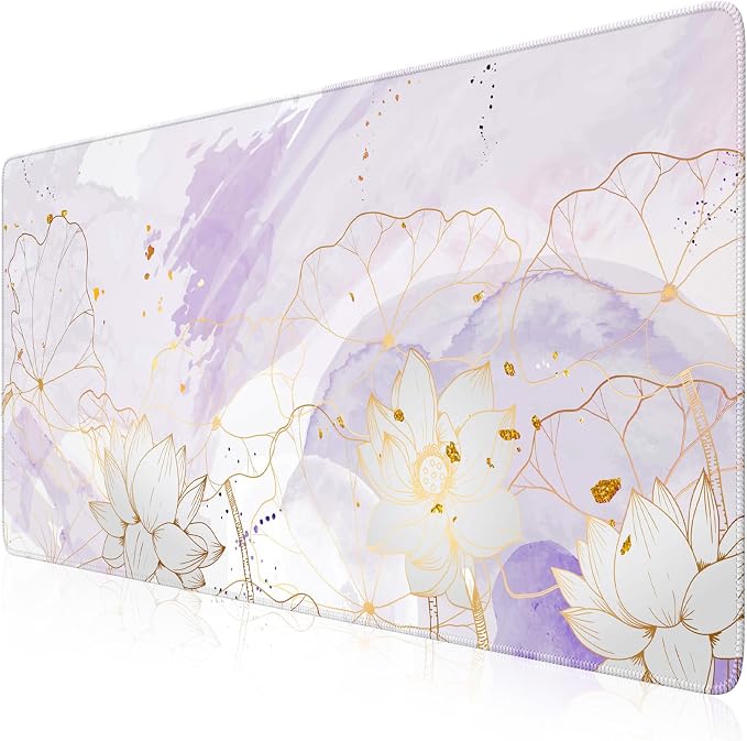 iCasso Desk Cover Mat, Extra Large Lotus Mouse Pad, Desk Pad Mat,Office Matt for Desktop Protector, Anti-Slip XXL Big Mousepad with Stitched Edges for Laptop Computer Keyboard(Purple Lotus Leaf)