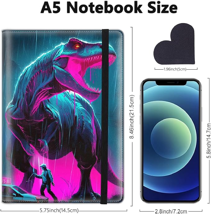 A5 Leather Lined Journal Notebook, 200 Pages Hardcover Executive Notebook for Men Women Office School Note Taking, Thick Writing Paper Daily Journal with Bookmarks/Indexes, Dinosaur