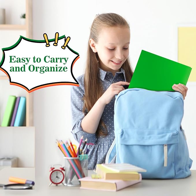 60-Pack Plastic Folders with Pockets and Prongs,2-Pocket Poly Folders with 3 Fasteners Holds 8-1/2" x 11" Paper for School/Office/Home, Green