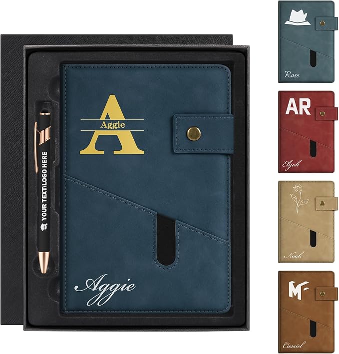 ENOMY Personalized Notebook & Pen Set PU Leather Custom A5 Notebook with Lock 200 Lined Paper Pages Luxury Gift Box for Men Women Travel College Business Gift, Dark Blue