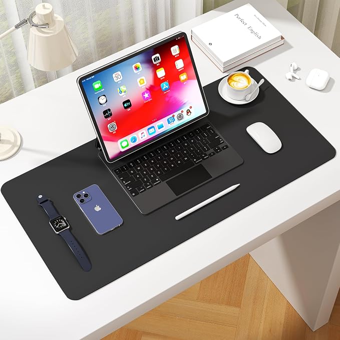 Leather Desk Pad Protector, Waterproof Mouse Pad, PU Desk Mat, Office Desk Cover, Desk Writing Mat for Office/Home/Work/Cubicle (Black) 23.6x13.7 in