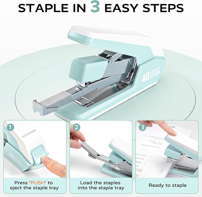 Marsrock Effortless Stapler for Desk with 40-50 Sheet Capacity, 2000 Staples, 1-Touch Stapling, Easy to Load Desktop Staplers, Heavy Duty Stapler, Magnetic Staple Remover, School Supplies, Green
