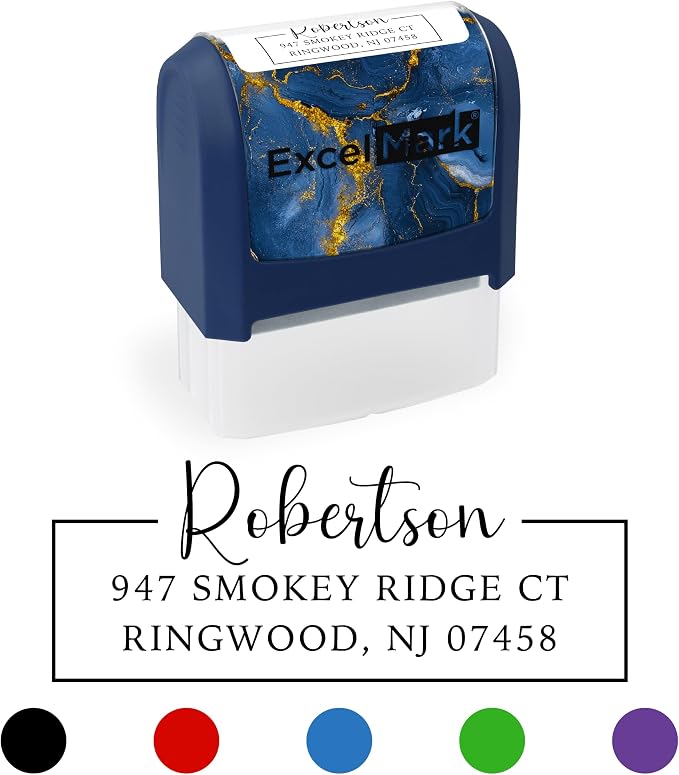 ExcelMark Custom Return Address Stamp (Navy, Signature Frame) | Custom Return Address Stamp with Elegant Designs, Vibrant Colors & Patterns – Perfect for Mail, Invitations & Gifts