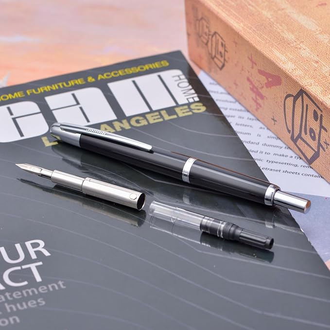 Jinhao 20 Press Retractable Fountain Pen Medium Nib with Converter Resin Writing Gift Pen, Vivid Black