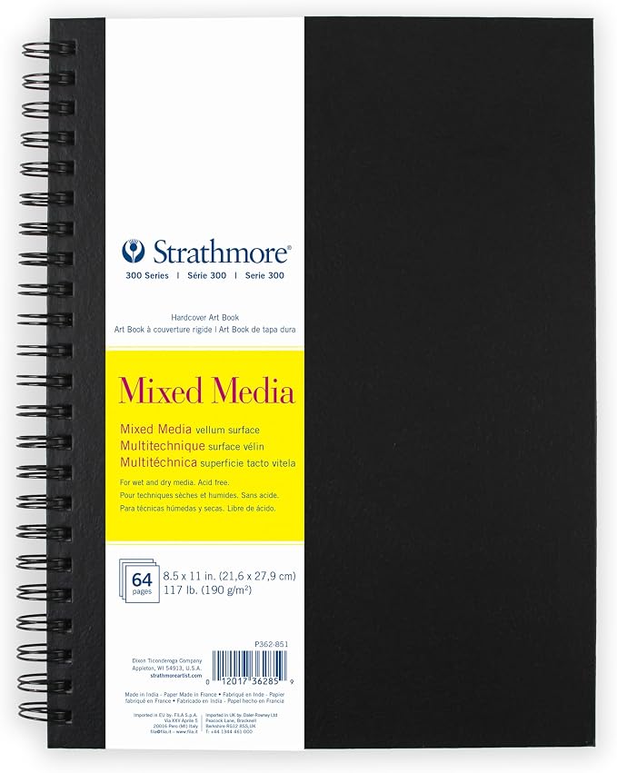 Strathmore 300 Series Mixed Media Paper Art Book, Black Hardcover & Side Wire Binding, 32 Sheets, White, 8.5x11 inch, 1 Count