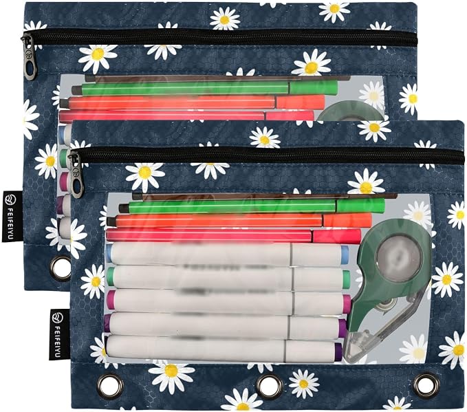 Gredecor Binder Pencil Pouch 3 Ring Navy Blue Flower Daisy Zipper Pencil Pouches Case 2 Pack Clear Binder Organizer for School Office