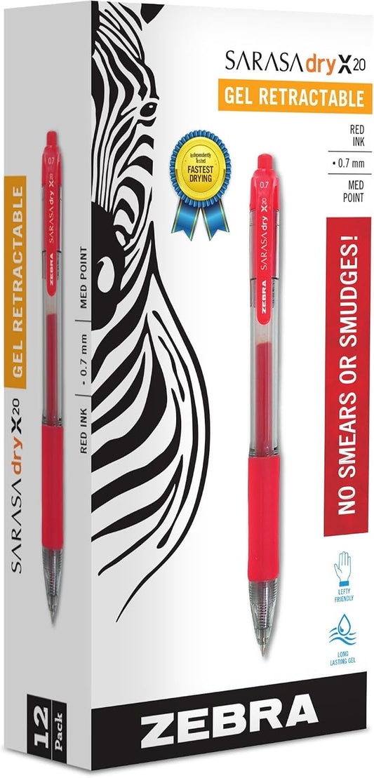 Zebra Pen Sarasa Dry X20 Retractable Gel Pens, 0.7mm Medium Point, Red Ink with Rapid Fast Dry Ink Technology, Ideal for the Left-Handed, Eliminates Smudging and Smearing in Seconds, 12-Pack (46830)