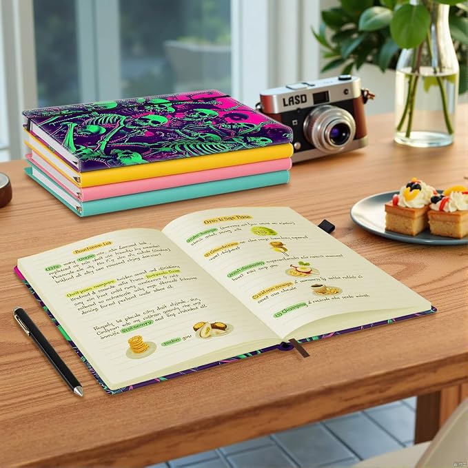 Hardcover Executive Notebooks, A5 PU Leather Lined Journal Notebook, 200 Pages Thick Paper Subject Notebooks for School,Work,Home Writing Business Notebook, Diary Book ，Green Skull