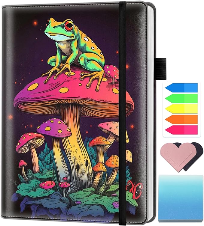 A5 Leather Lined Journal Notebook, 200 Pages Hardcover Executive Notebook for Men Women Office School Note Taking, Thick Writing Paper Daily Journal with Bookmarks/Indexes, Frogs and Mushrooms