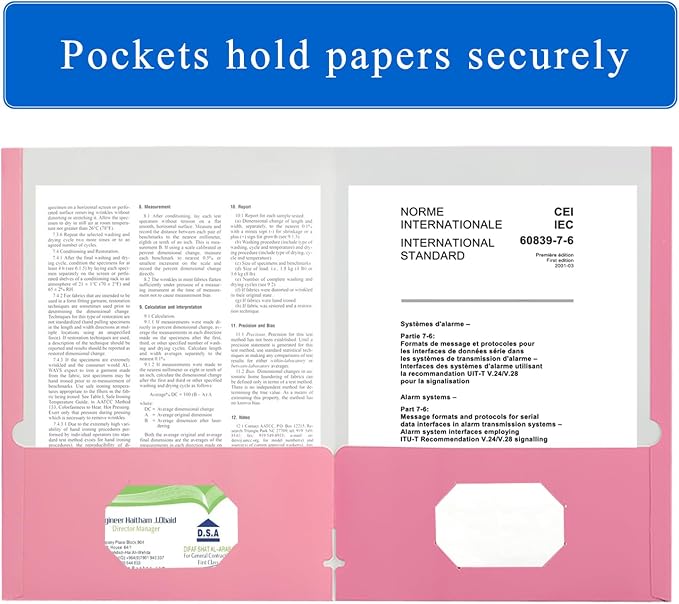 Zzrywuty File folders with Pockets,Pink Two folders for documents,100 Pack Paper Folders with Card Slot,Letter Size,School Students,Business,Home and Office Workers
