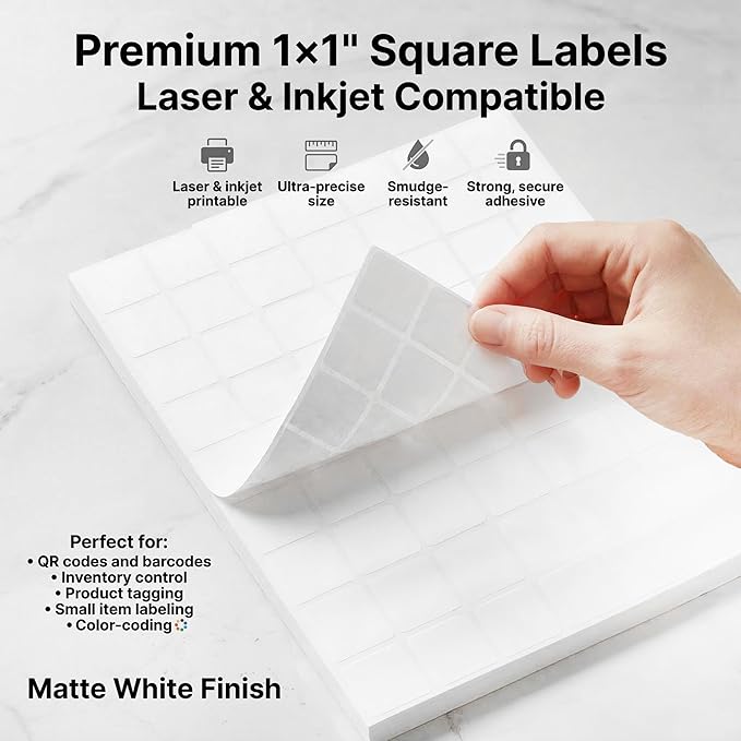 1" X 1" Matte White Printable Labels (100 Sheets, 6300 Stickers) Custom Stickers, Logo and Barcode Stickers for Laser & Inkjet Printers - Spartan Industrial Template S001