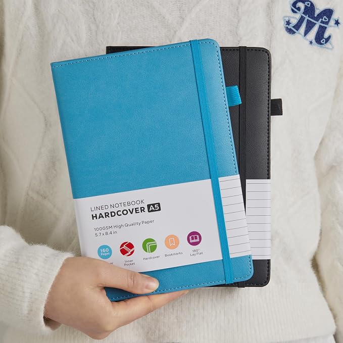 FOCUS DAY 2 Pack Lined Notebook Journals for Women/Men Work, A5 Leather Journal Notebook with Pen Loop, 100Gsm Premium Thick Paper, Inner Pocket, Medium 5.7"x8.4", Blue & Black