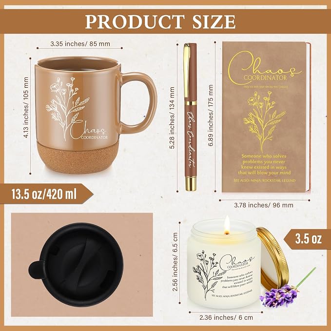 Sayglossy 4 Pcs Chaos Coordinator Gift Set Back to School Gift for Teachers Women Men Notebook Coffee Mug Scented Candle Ballpoint Pen for Teacher Assistant Principal Class School Staff Coworker