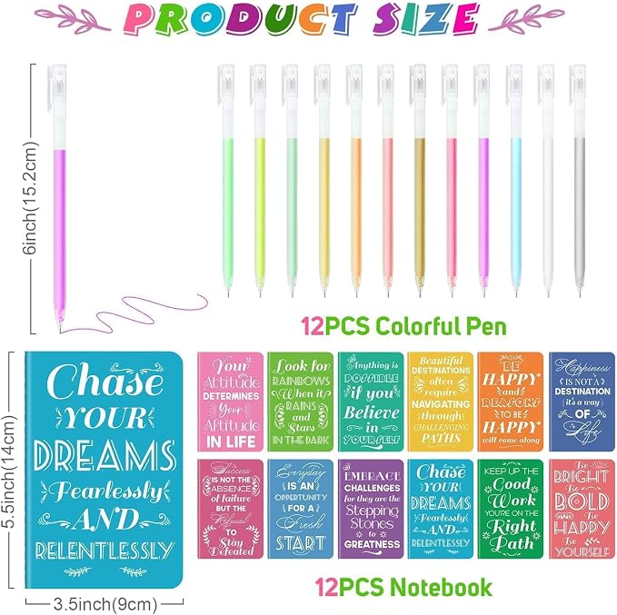12 Pcs Mini Inspirational Notebooks Bulk with 12 Colorful Pens， 3.5"x5.5" | Small Pocket Journal Notepads Set, Motivational Bulk Gifts for Women Men Teacher Students Kids, End of School Year Gift Bulk