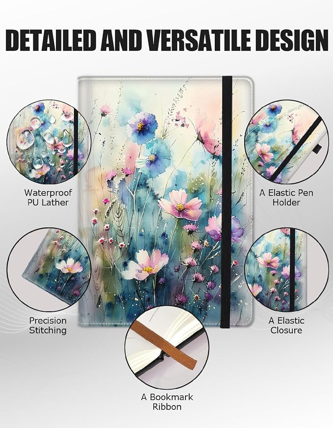Hardcover Executive Notebooks, A5 PU Leather Lined Journal Notebook, 200 Pages Thick Paper Subject Notebooks for School,Work,Home Writing Business Notebook, Diary Book ，Watercolor Flowers