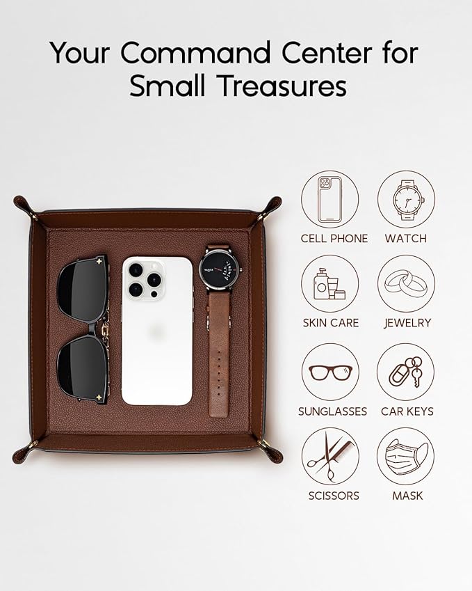 VLANDO Valet Tray Organizer, Foldable PU Leather Catchall Tray, Brown | Large 8.5 Inch Nightstand Dresser Desk and Entryway Organizer for Keys, Wallet, Watch, Phone, Coins and Jewelry