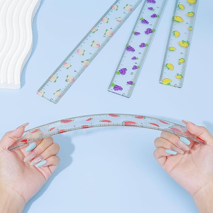 BAYTORY 4Pcs Transparent Acrylic Ruler 12 Inch, Plastic Straight Rulers | Shatterproof Student Stationery Centimeters with Inches, for Classroom Essentials School Supplies (Fruit 12 Inch)
